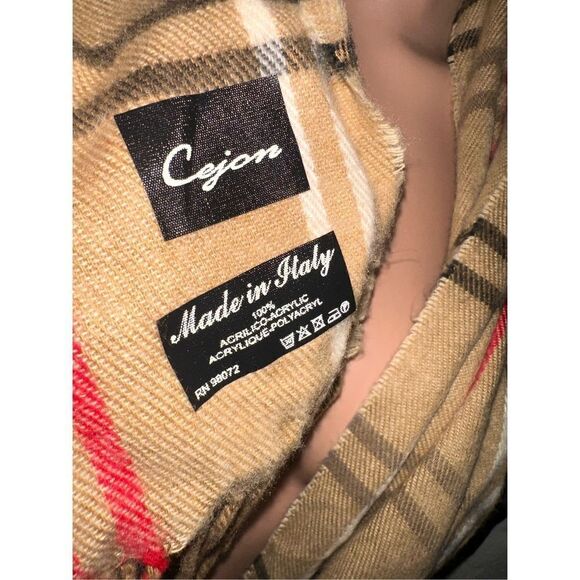 Cejon Camel Red Plaid Fringe Italian Scarf Good Condition - Picture 3 of 3